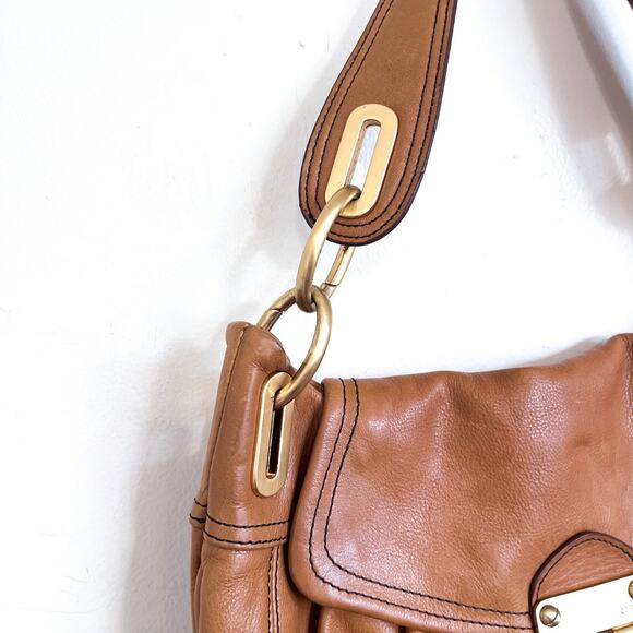 Y2K Steven Leather Flap Turnlock Hobo Shoulder Bag Tan Chunky Gold Tone Hardware - Picture 6 of 8